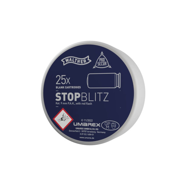 Cartouche 9 mm PAK Stop Blitz Walther X25