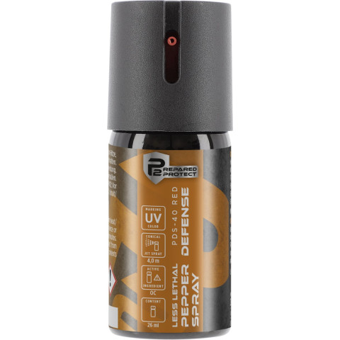 Bombe lacrymogène poivre Prepared 2 Protect PDS-40 Red gaz OC marqueur UV jet conique 26 ml