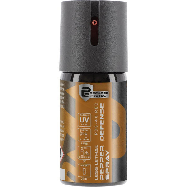 Bombe lacrymogène poivre Prepared 2 Protect PDS-40 Red gaz OC marqueur UV jet conique 26 ml