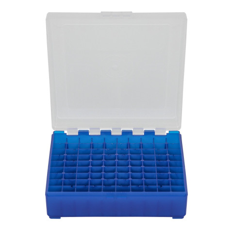 Boîte de rangement munitions cal 9mm Megaline bleue couvercle transparent 100 cartouches