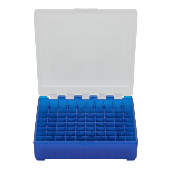 Boîte de rangement munitions cal 9mm Megaline bleue couvercle transparent 100 cartouches