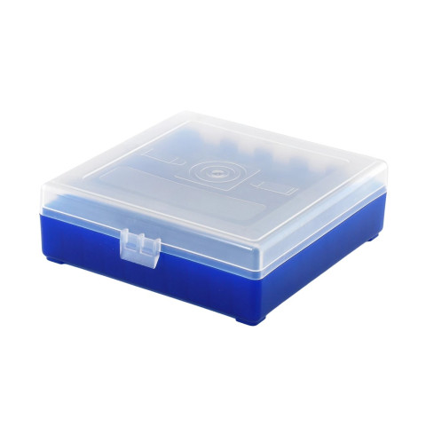 Boîte de rangement munitions cal 9mm Megaline bleue couvercle transparent 100 cartouches