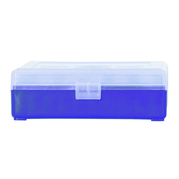 Boîte de rangement munitions cal 9mm Megaline bleue couvercle transparent 100 cartouches