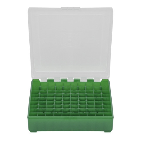 Boîte de rangement munitions calibre 9mm Megaline verte couvercle transparent 100 cartouches