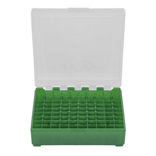 Boîte de rangement munitions calibre 9mm Megaline verte couvercle transparent 100 cartouches