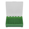 Boîte de rangement munitions calibre 9mm Megaline verte couvercle transparent 100 cartouches