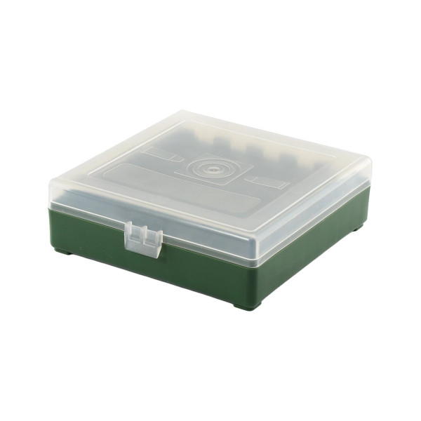 Boîte de rangement munitions calibre 9mm Megaline verte couvercle transparent 100 cartouches