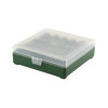 Boîte de rangement munitions calibre 9mm Megaline verte couvercle transparent 100 cartouches
