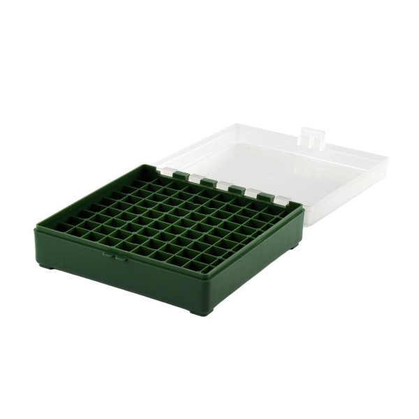 Boîte de rangement munitions calibre 9mm Megaline verte couvercle transparent 100 cartouches