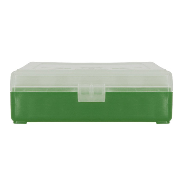 Boîte de rangement munitions calibre 9mm Megaline verte couvercle transparent 100 cartouches