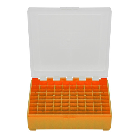 Boîte de rangement munitions cal 9mm Megaline couvercle transparent 100 cartouches orange