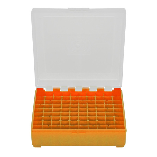 Boîte de rangement munitions cal 9mm Megaline couvercle transparent 100 cartouches orange
