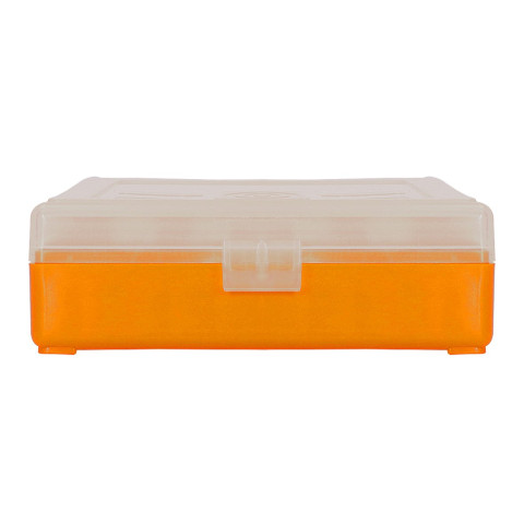 Boîte de rangement munitions cal 9mm Megaline couvercle transparent 100 cartouches orange