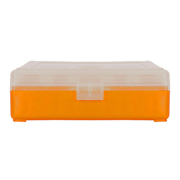 Boîte de rangement munitions cal 9mm Megaline couvercle transparent 100 cartouches orange