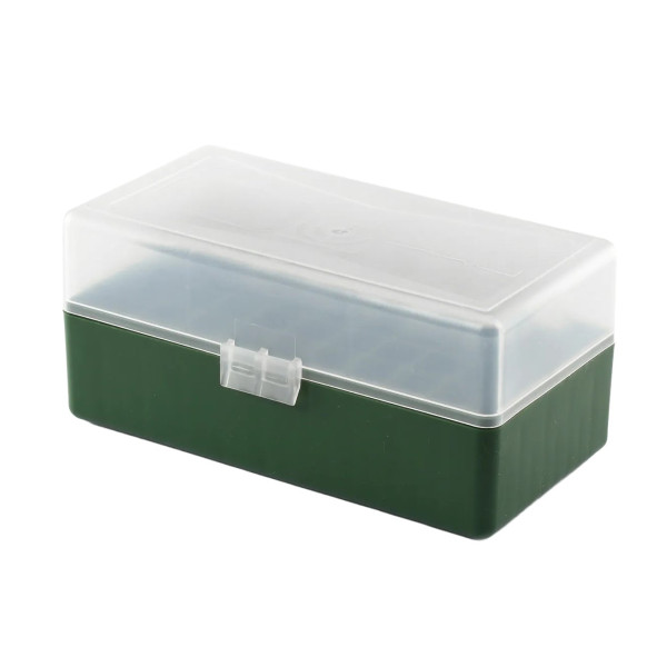 Boîte de rangement munitions Megaline calibre 223 verte couvercle transparent 50 cartouches