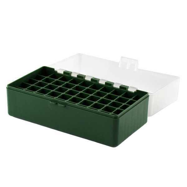 Boîte de rangement munitions Megaline calibre 223 verte couvercle transparent 50 cartouches