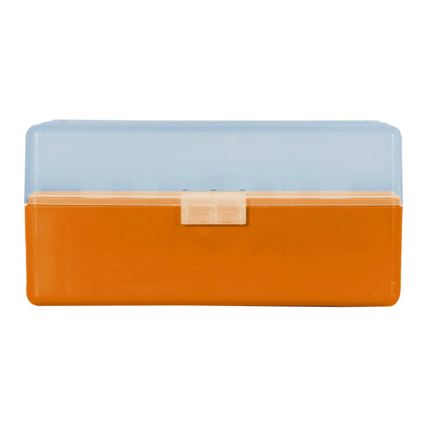 Boîte de rangement munitions calibre 223 Megaline orange couvercle transparent 50 cartouches