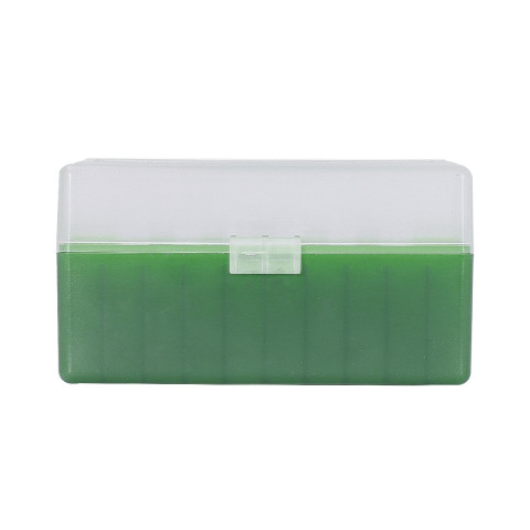 Boîte de rangement munitions Megaline calibre 243 verte couvercle transparent 50 cartouches