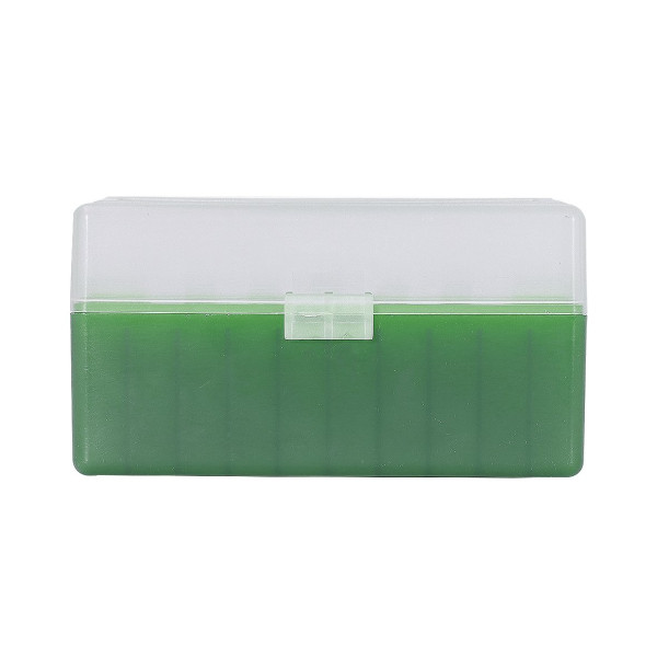 Boîte de rangement munitions Megaline calibre 243 verte couvercle transparent 50 cartouches