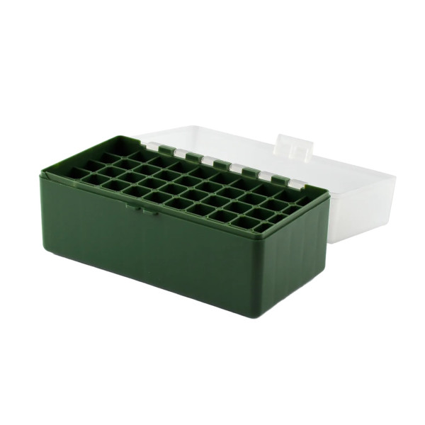 Boîte de rangement munitions Megaline calibre 243 verte couvercle transparent 50 cartouches