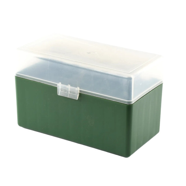 Boîte de rangement munitions Megaline calibre 30-06 verte couvercle transparent 50 cartouches