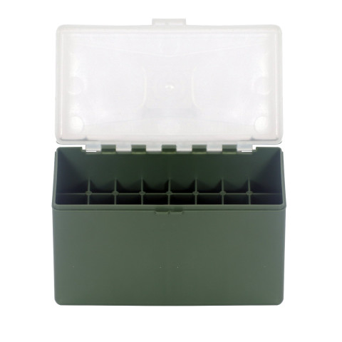 Boîte de rangement munitions Megaline calibre 338 Lapua Magnum verte couvercle transparent 32 cartouches