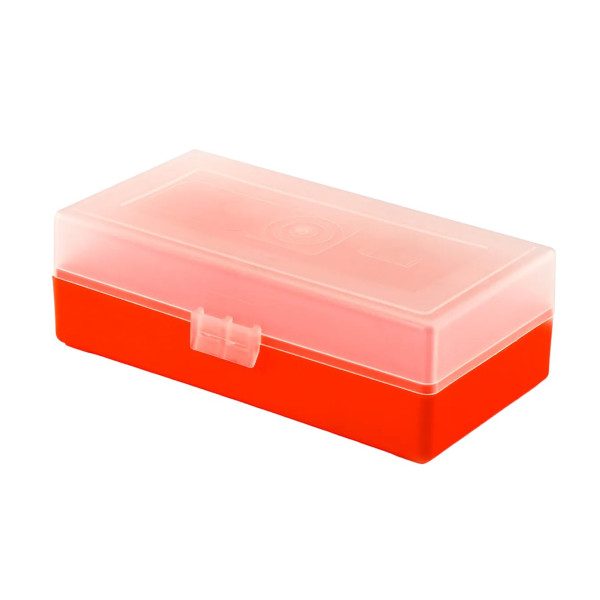 Boîte de rangement munitions Megaline rouge couvercle transparent 50 cartouches calibre 45LC/44 Mag